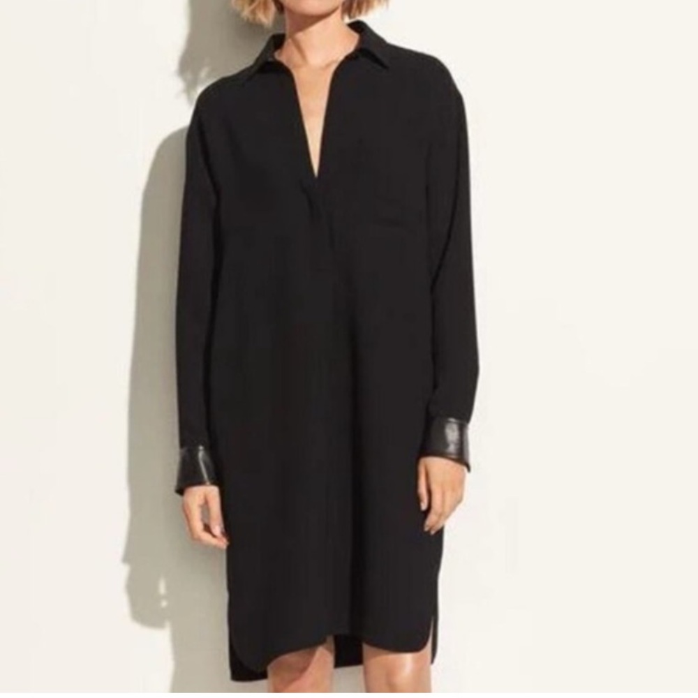Vince long sleeve black shift dress with faux leather cuff trim